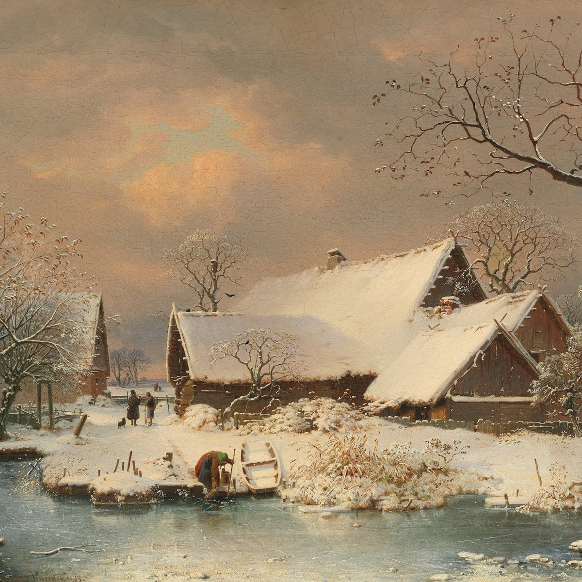 Landscape Oil Painting - Winter Rural Cottage & Snow - Covered Log Homes - Oil Painting Haven