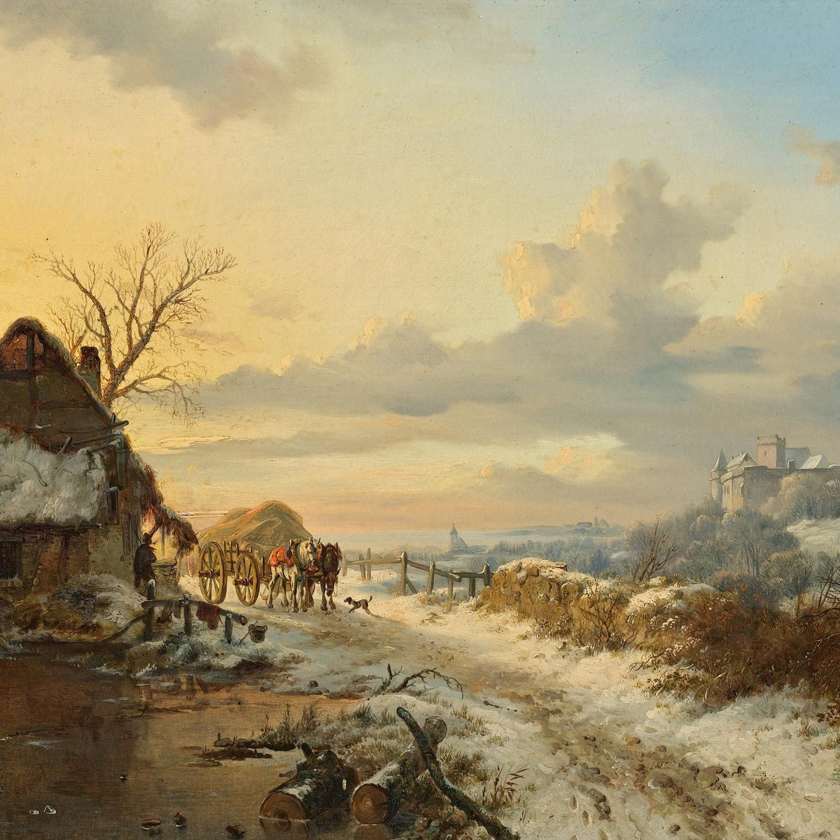 Landscape Oil Painting - Winter Rural Scene, Cottage, Horse - Drawn Cart & Castle - Oil Painting Haven