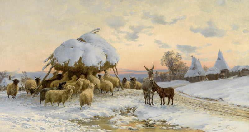 Landscape Oil Painting - Winter Rural, Sheep, Donkeys & Snow Cottages - Oil Painting Haven