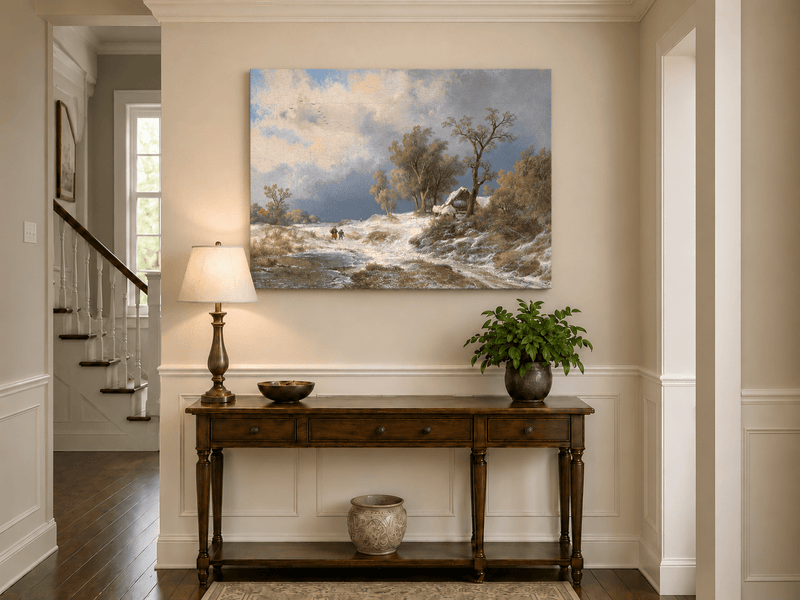 Landscape Oil Painting - Winter Rural Snow, Trees & Partly Frozen