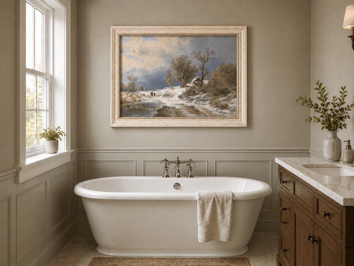 Landscape Oil Painting - Winter Rural Snow, Trees & Partly Frozen