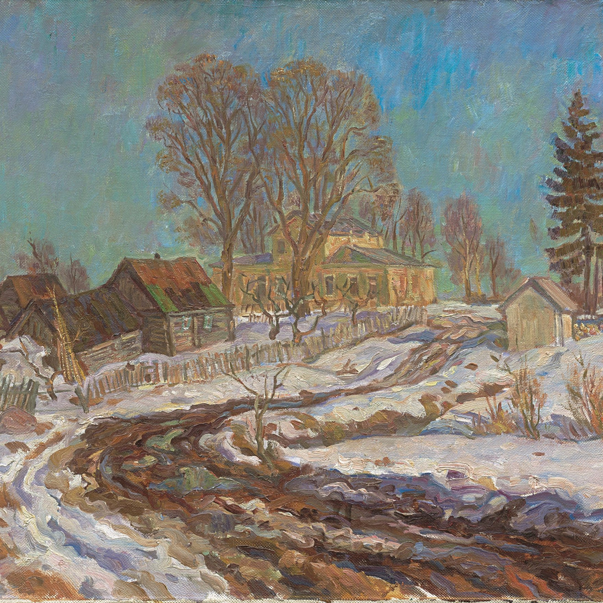 Landscape Oil Painting - Winter Rural Village: Wooden Houses & Trees - Oil Painting Haven
