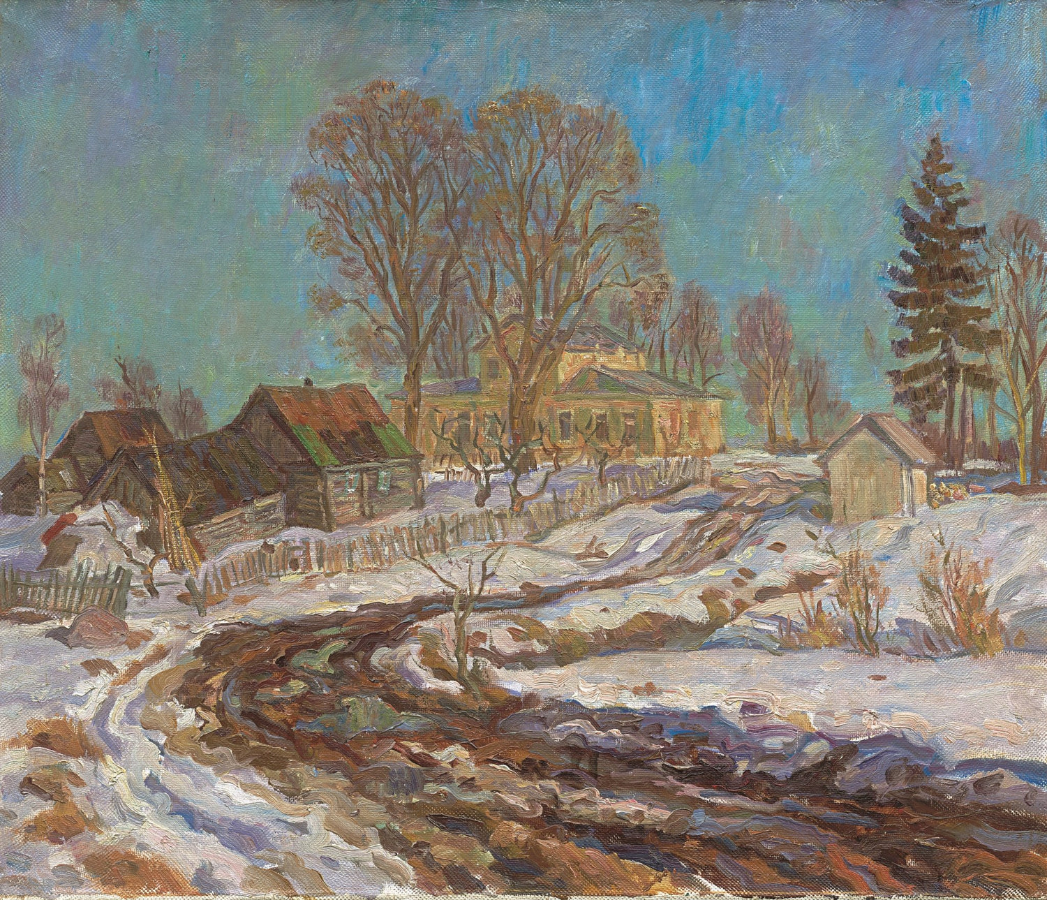 Landscape Oil Painting - Winter Rural Village: Wooden Houses & Trees - Oil Painting Haven