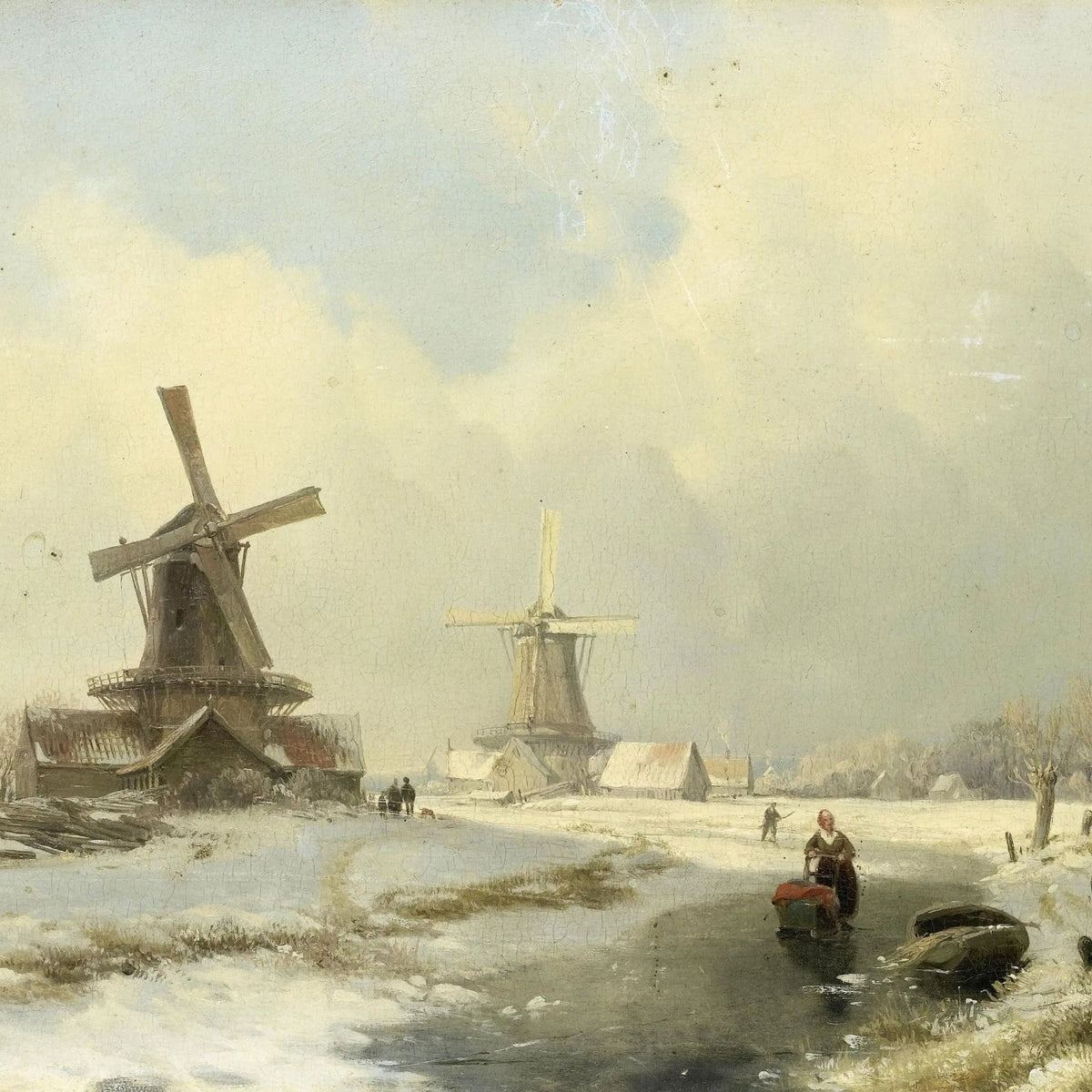 Landscape Oil Painting - Winter Scene with Windmills & Figure - Oil Painting Haven
