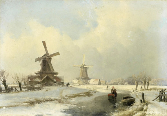 Landscape Oil Painting - Winter Scene with Windmills & Figure - Oil Painting Haven