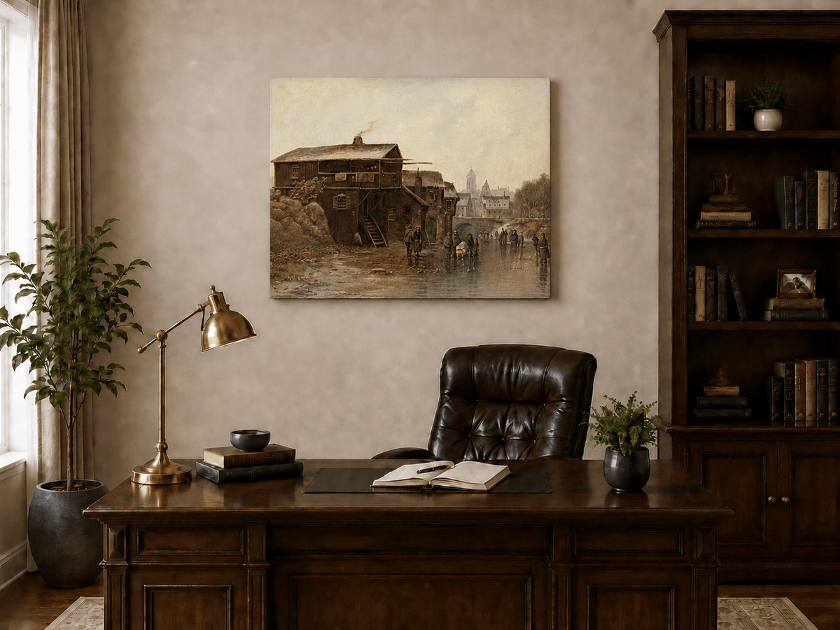 Landscape Oil Painting - Winter Skaters by Old Town Bridge