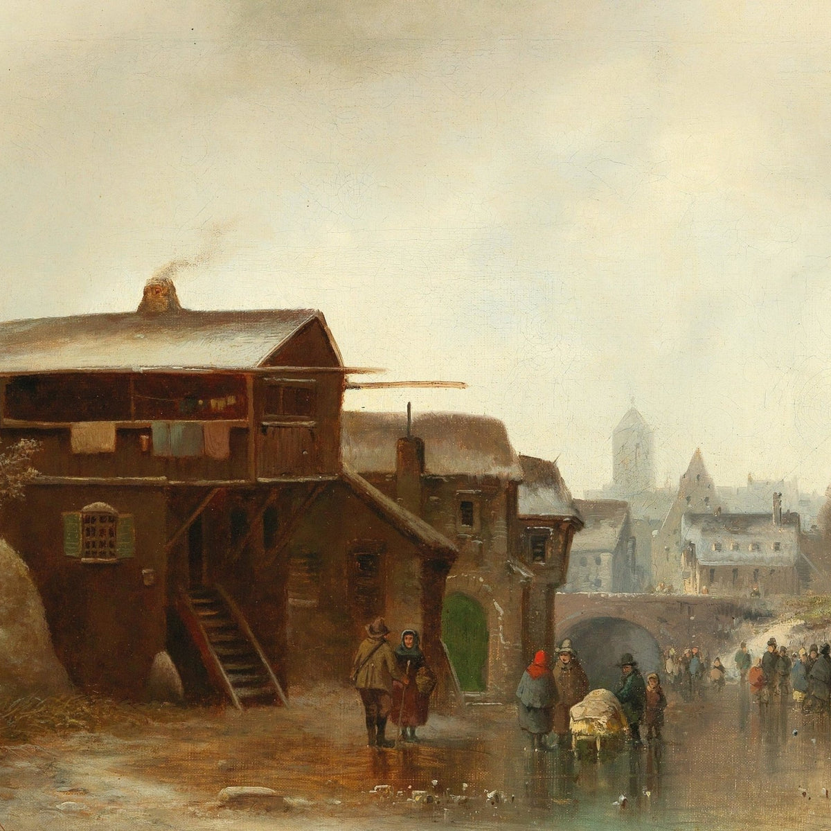 Hand-painted winter skaters by old town bridge landscape oil painting on canvas