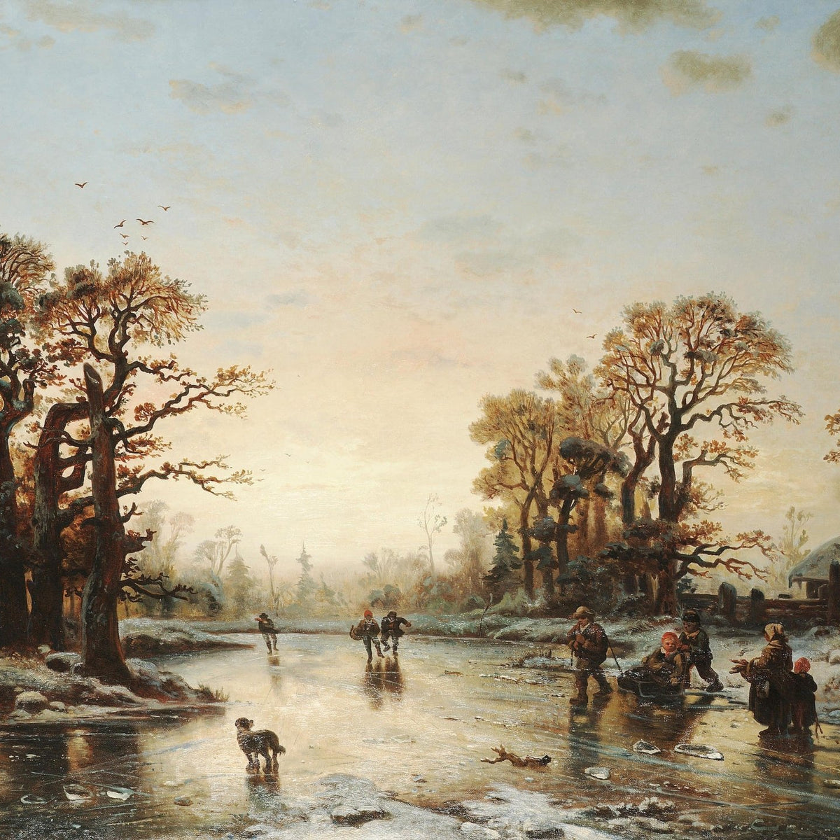 Landscape Oil Painting - Winter Skaters on Frozen River - Oil Painting Haven