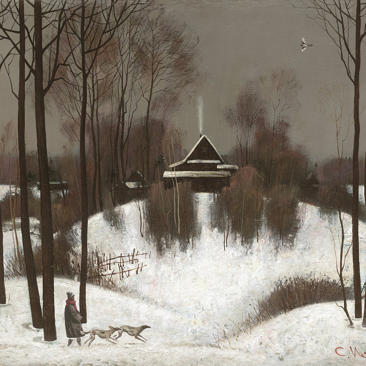 Landscape Oil Painting - Winter Snowscape: Figure, Hounds & Wood Cabin - Oil Painting Haven