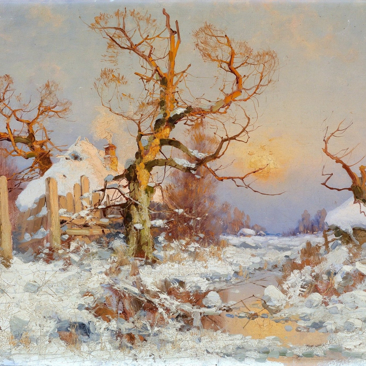 Landscape Oil Painting - Winter snowscape & glowing sunset - Oil Painting Haven