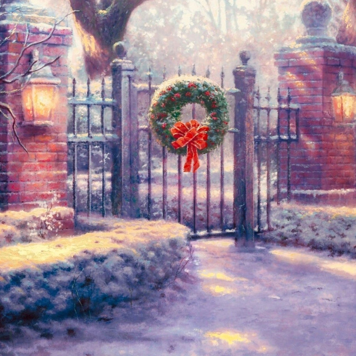 Landscape Oil Painting - Winter Snowy Iron Gate With Christmas Wreath - Oil Painting Haven