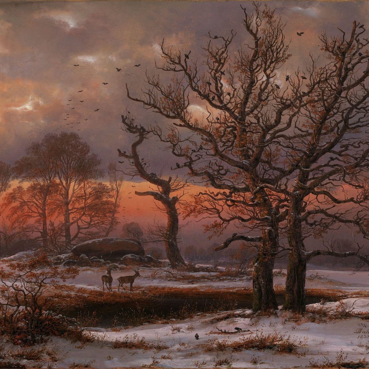 Hand-painted winter sunset with bare trees and deer landscape oil painting on canvas
