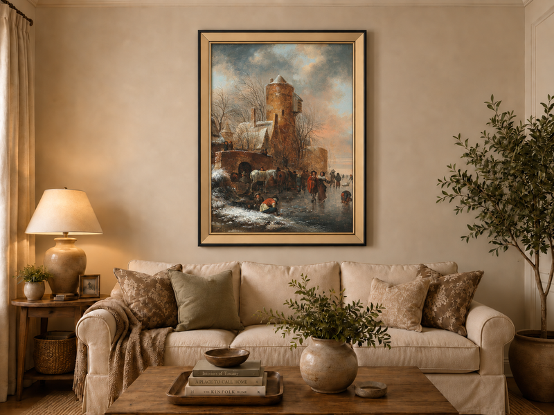 Hand-painted Winter Tower and Frozen Canal Scene landscape oil painting displayed as wall art in a styled interior