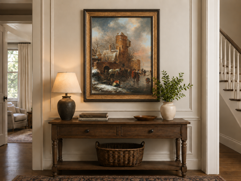 Hand-painted Winter Tower and Frozen Canal Scene landscape oil painting displayed as wall art in a styled interior
