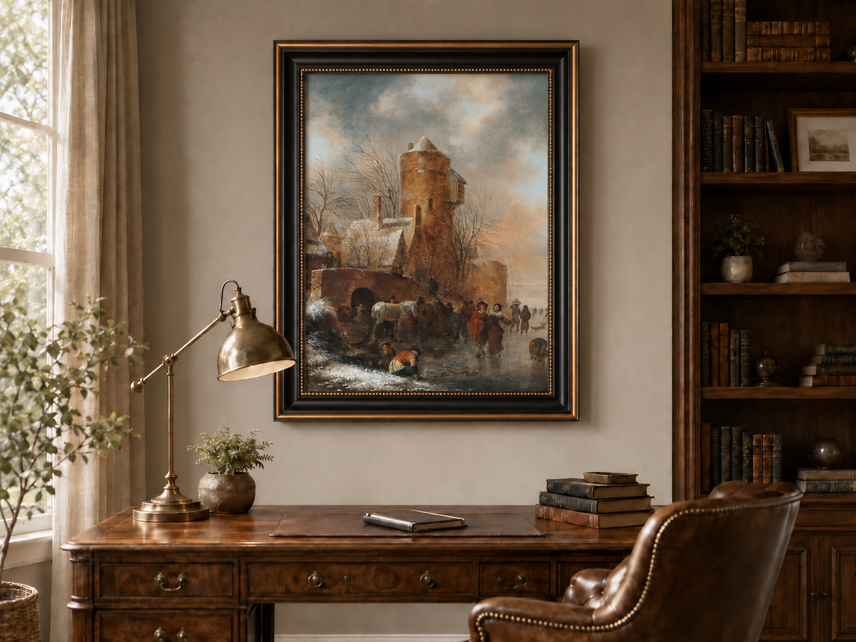 Hand-painted Winter Tower and Frozen Canal Scene landscape oil painting displayed as wall art in a styled interior