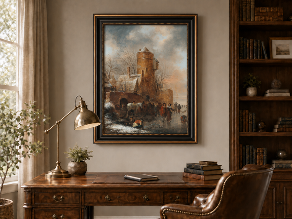 Hand-painted Winter Tower and Frozen Canal Scene landscape oil painting displayed as wall art in a styled interior