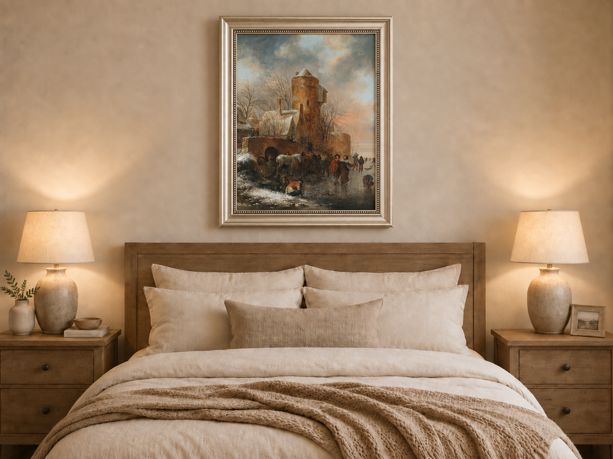 Hand-painted Winter Tower and Frozen Canal Scene landscape oil painting displayed as wall art in a styled interior