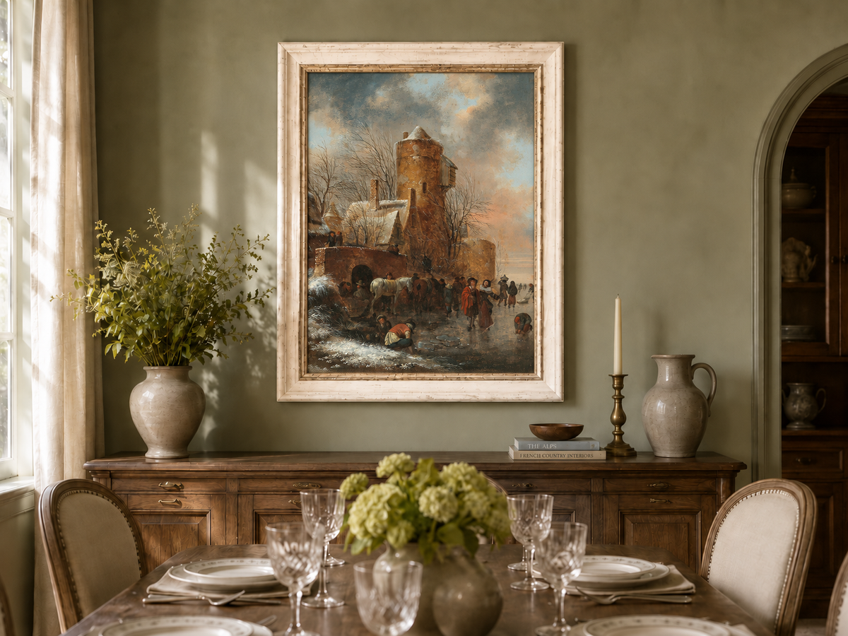 Hand-painted Winter Tower and Frozen Canal Scene landscape oil painting displayed as wall art in a styled interior
