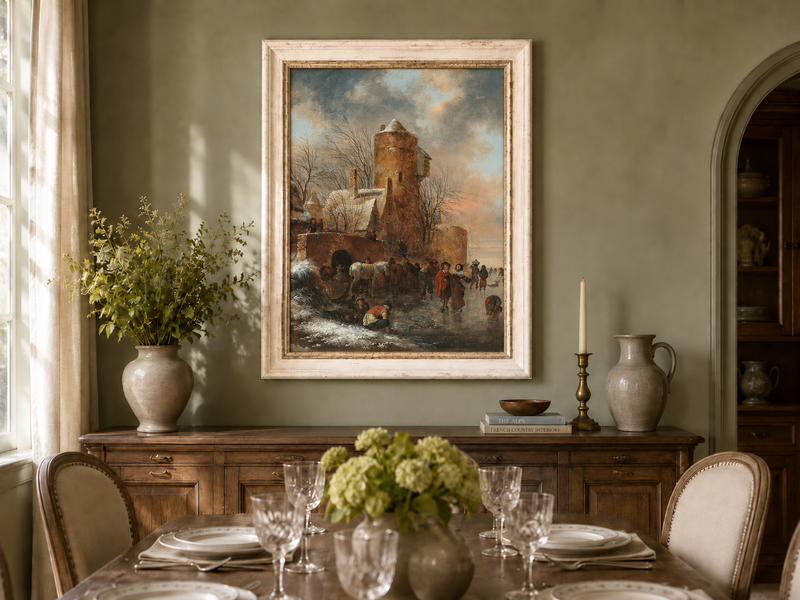 Hand-painted Winter Tower and Frozen Canal Scene landscape oil painting displayed as wall art in a styled interior