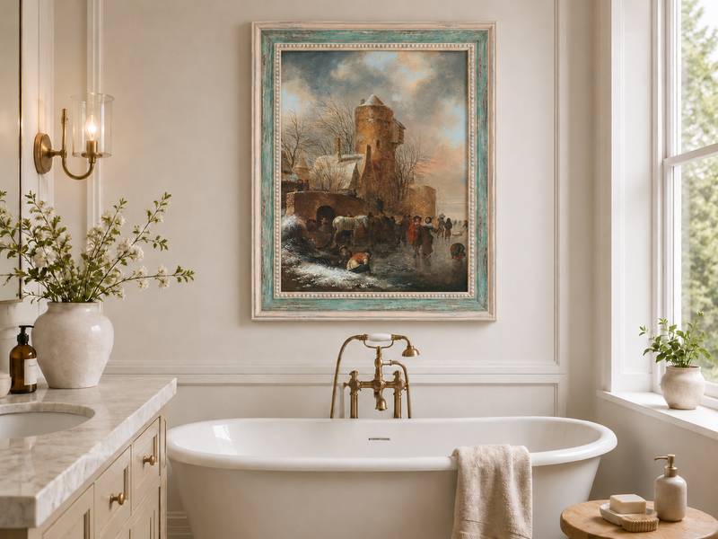 Hand-painted Winter Tower and Frozen Canal Scene landscape oil painting displayed as wall art in a styled interior