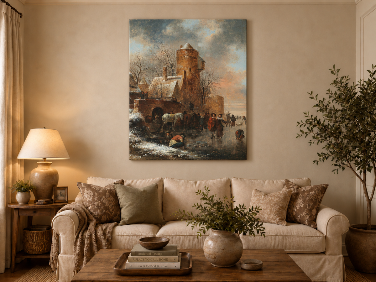 Hand-painted Winter Tower and Frozen Canal Scene landscape oil painting displayed as wall art in a styled interior