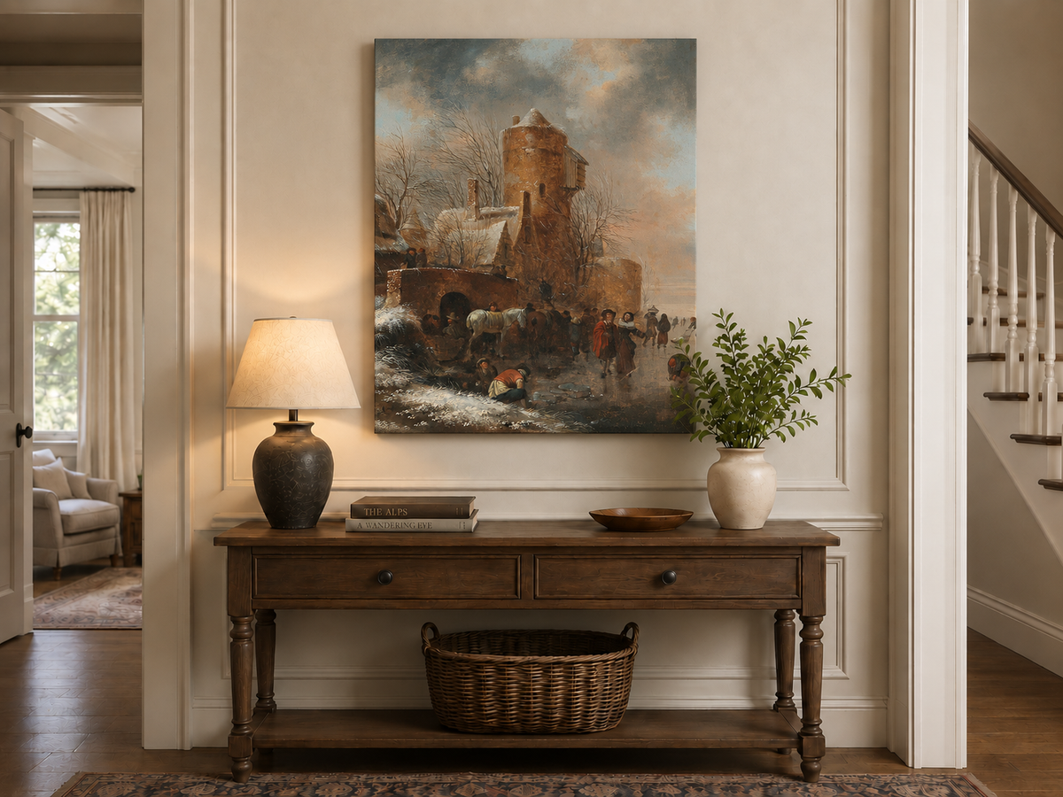 Hand-painted Winter Tower and Frozen Canal Scene landscape oil painting displayed as wall art in a styled interior