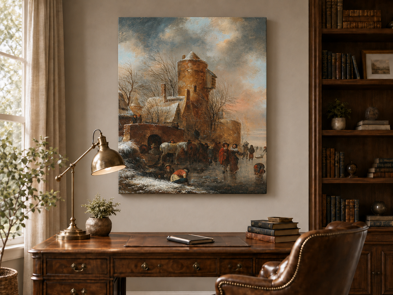 Hand-painted Winter Tower and Frozen Canal Scene landscape oil painting displayed as wall art in a styled interior