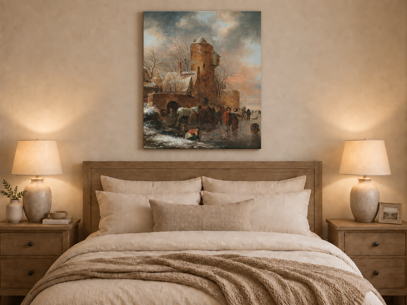 Hand-painted Winter Tower and Frozen Canal Scene landscape oil painting displayed as wall art in a styled interior