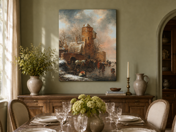 Hand-painted Winter Tower and Frozen Canal Scene landscape oil painting displayed as wall art in a styled interior