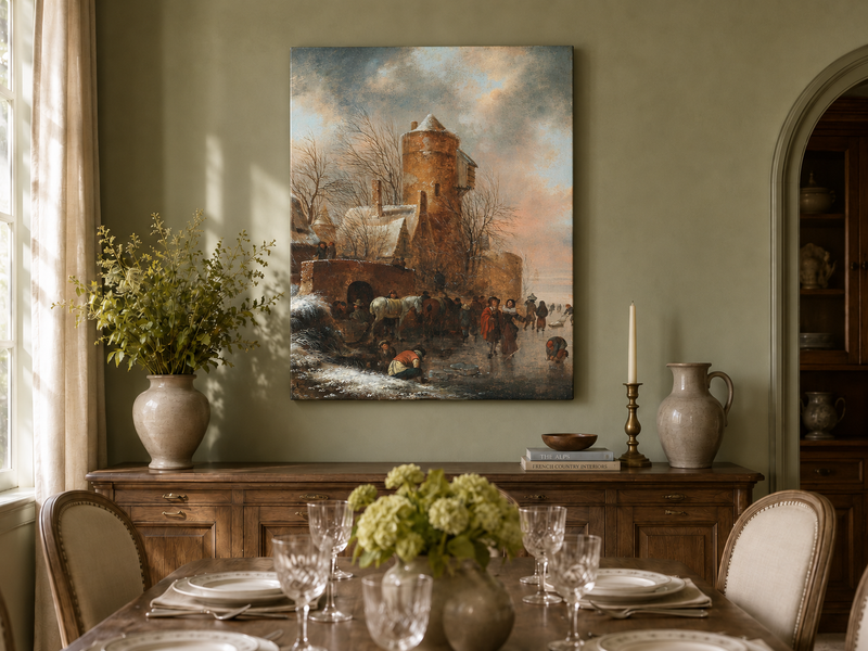 Hand-painted Winter Tower and Frozen Canal Scene landscape oil painting displayed as wall art in a styled interior
