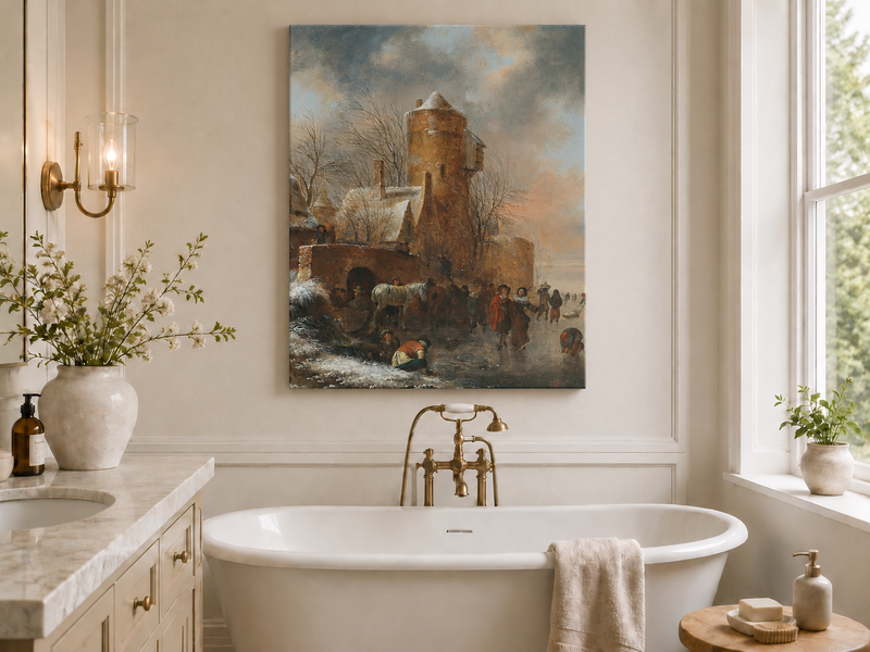 Hand-painted Winter Tower and Frozen Canal Scene landscape oil painting displayed as wall art in a styled interior