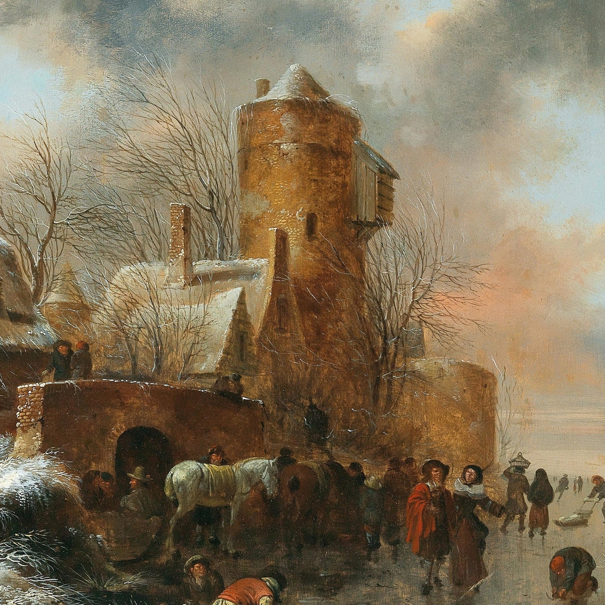 Landscape Oil Painting - Winter Tower and Frozen Canal Scene - Oil Painting Haven