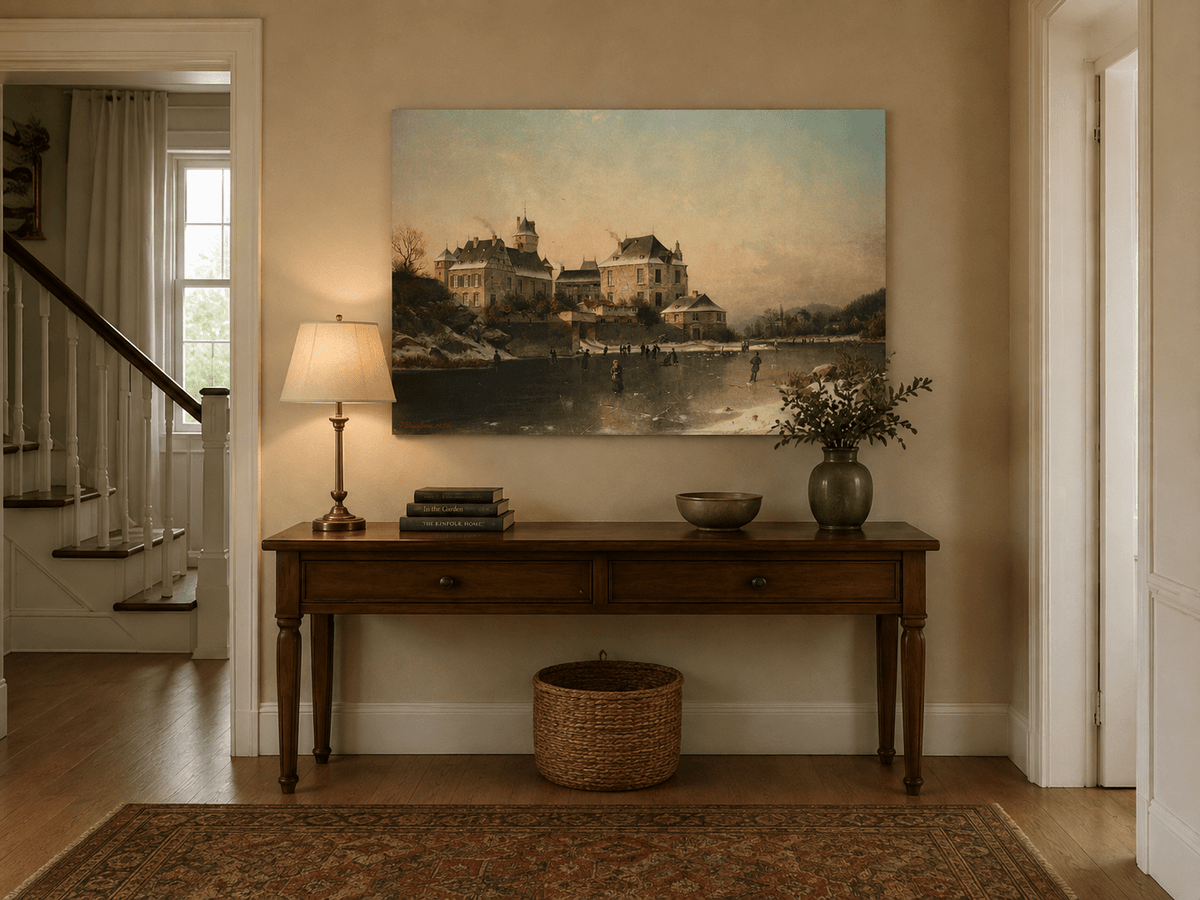 Landscape Oil Painting - Winter Town Frozen Lake
