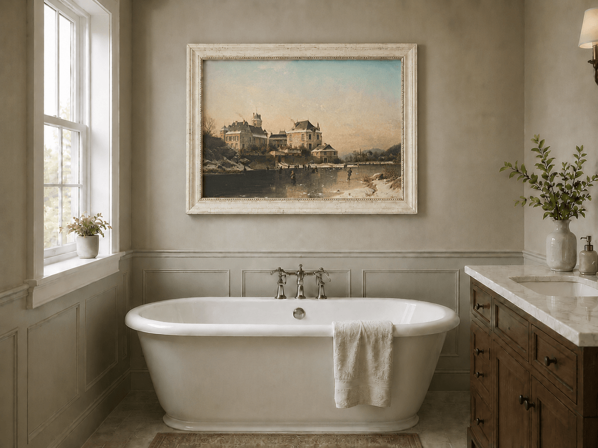 Landscape Oil Painting - Winter Town Frozen Lake