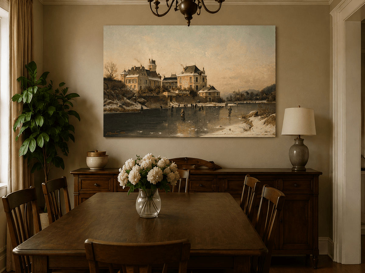 Landscape Oil Painting - Winter Town Frozen Lake