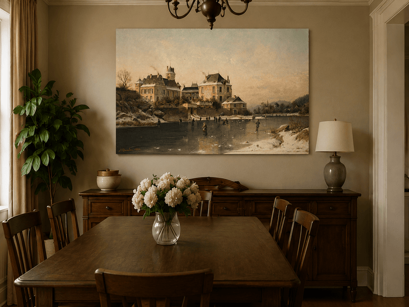Landscape Oil Painting - Winter Town Frozen Lake