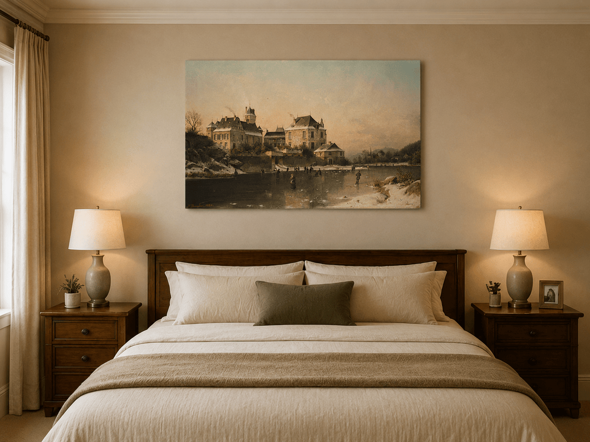 Landscape Oil Painting - Winter Town Frozen Lake