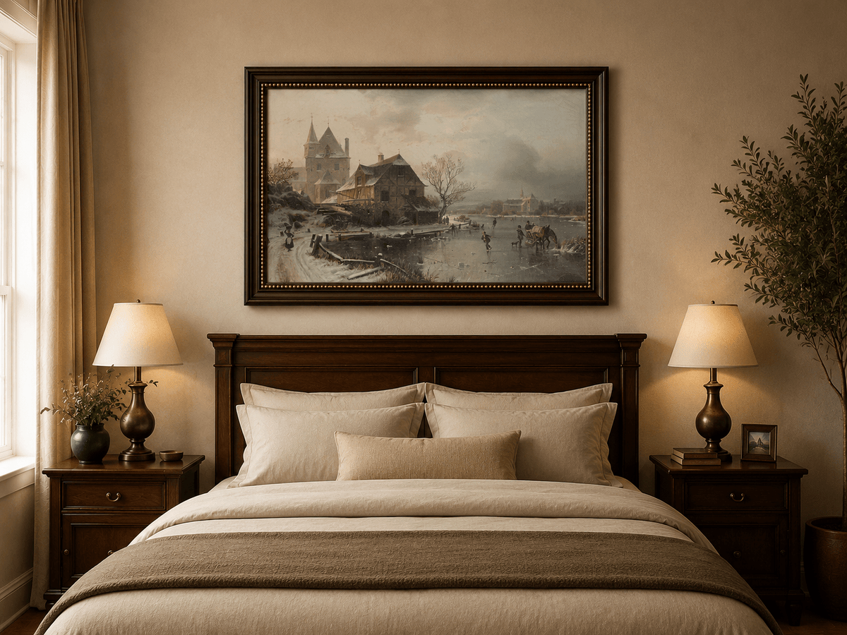 Landscape Oil Painting - Winter Town, Frozen River Figures