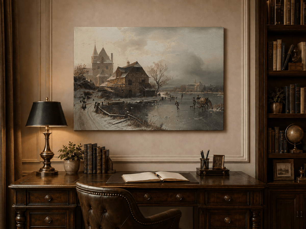 Landscape Oil Painting - Winter Town, Frozen River Figures