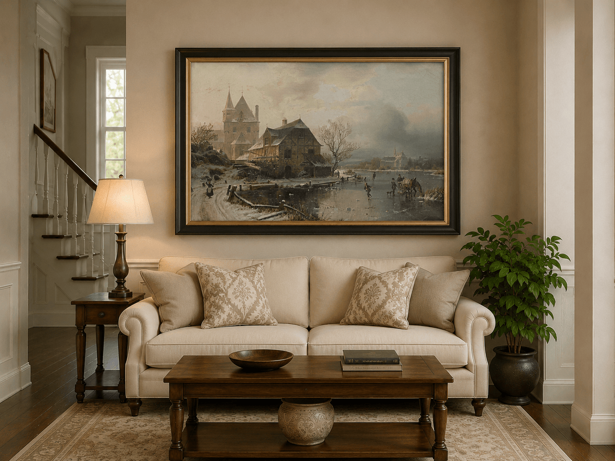 Landscape Oil Painting - Winter Town, Frozen River Figures