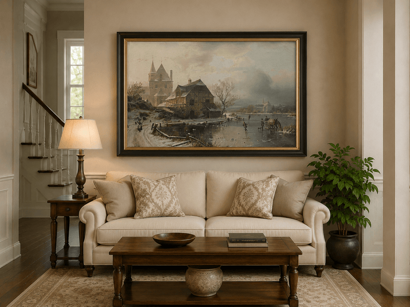 Landscape Oil Painting - Winter Town, Frozen River Figures