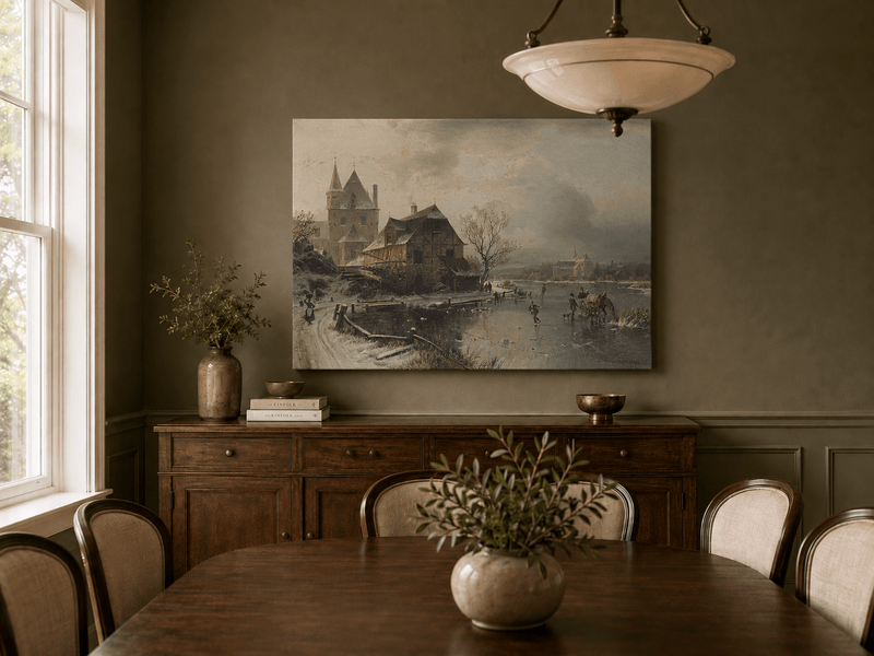 Landscape Oil Painting - Winter Town, Frozen River Figures