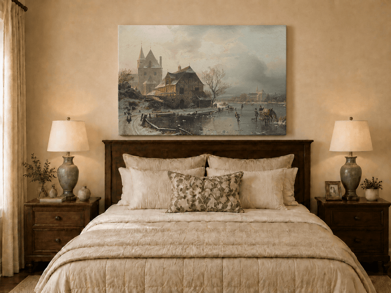 Landscape Oil Painting - Winter Town, Frozen River Figures