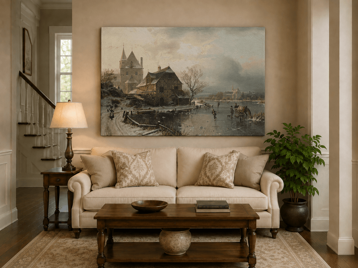 Landscape Oil Painting - Winter Town, Frozen River Figures
