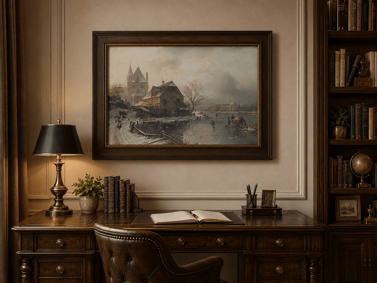 Landscape Oil Painting - Winter Town, Frozen River Figures