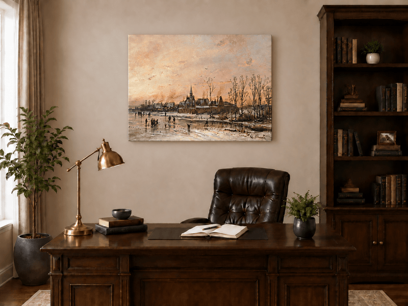 Landscape Oil Painting - Winter Town with Ice - Skating Figures