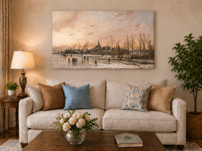 Landscape Oil Painting - Winter Town with Ice - Skating Figures