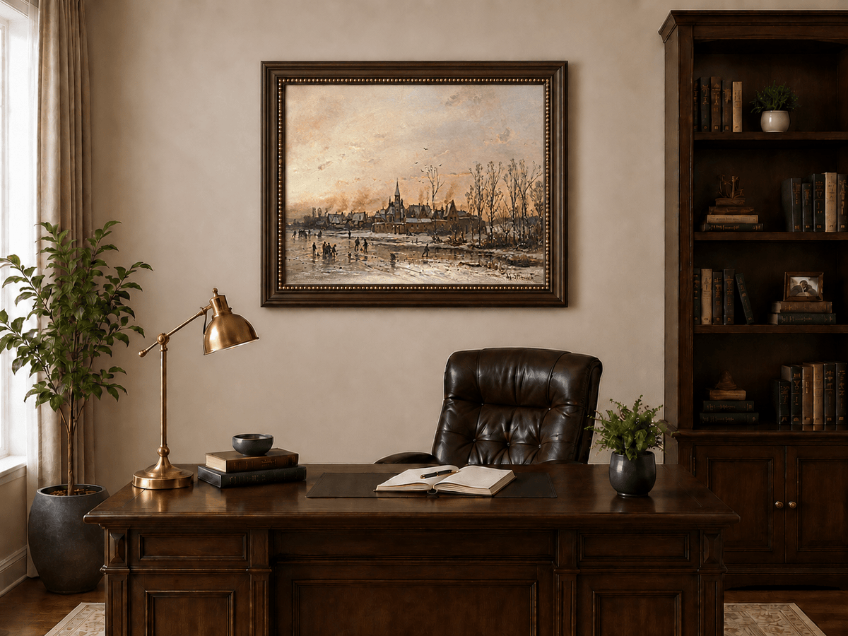 Landscape Oil Painting - Winter Town with Ice - Skating Figures