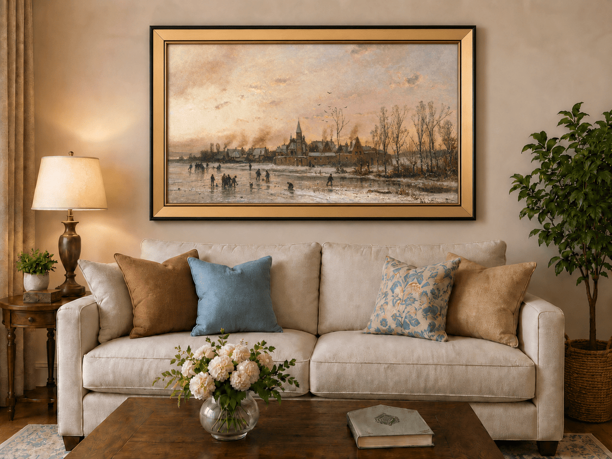 Landscape Oil Painting - Winter Town with Ice - Skating Figures