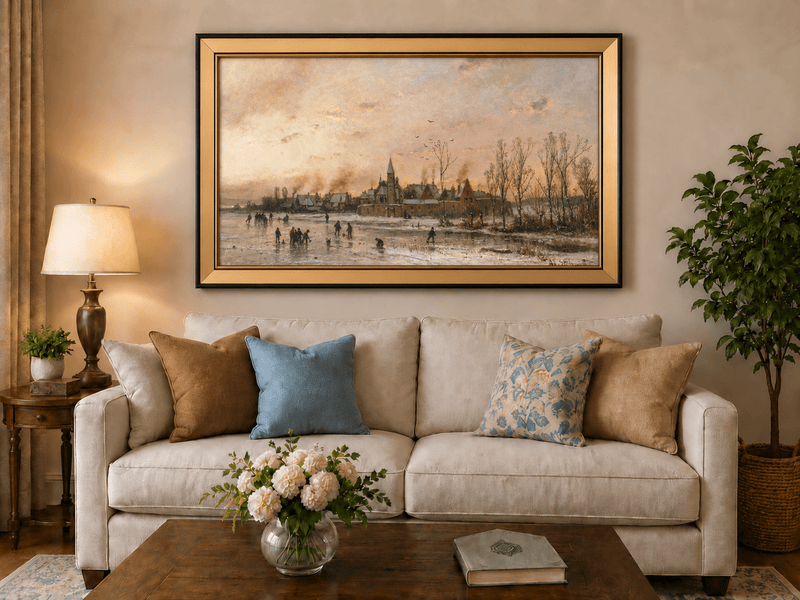 Landscape Oil Painting - Winter Town with Ice - Skating Figures